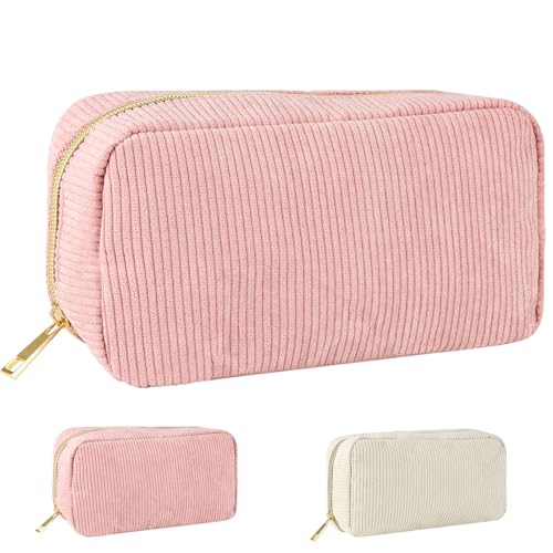lahnao 2 Stück Kosmetiktasche, Cord Make up Taschem, Multifunktionale Schminktasche, Reise Kosmetiktasche, Reißverschlusstasche Für Frauen (Elfenbein und Rosa) von lahnao