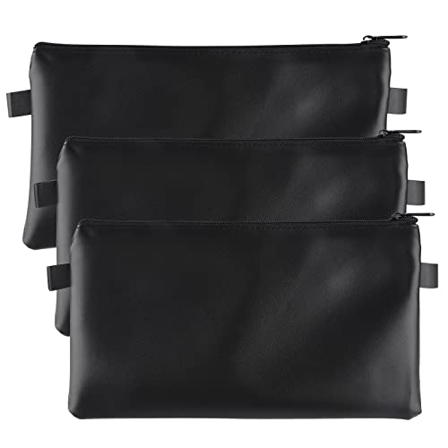 lalago 3 Stück Banktaschen aus Kunstleder 29 x 16,5 cm, Geldbeutel Geldtasche, PU Dokumententasche mit Reißverschluss, Zipper Beutel, Kosmetiktasche für Business, Haushalt, Schule (Schwarz) von lalago