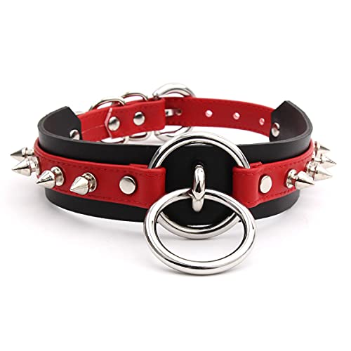 lalatia Damen Halsband O Ring Kunstleder Choker Halskette (Rot Schwarz Silber Spitznieten) von lalatia