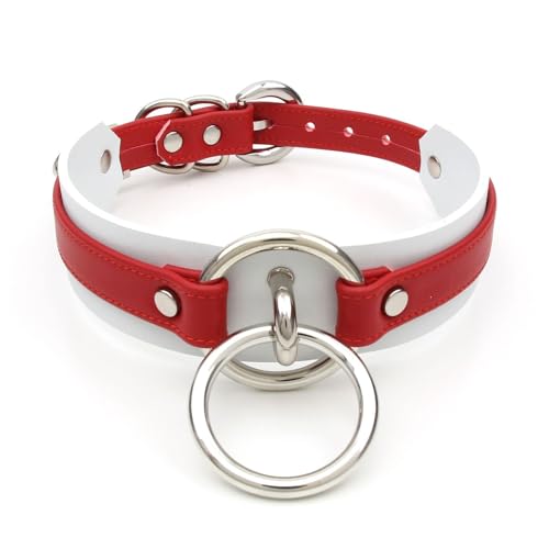 lalatia Damen Halsband O Ring Kunstleder Choker Halskette (Rot Weiß Silber) von lalatia