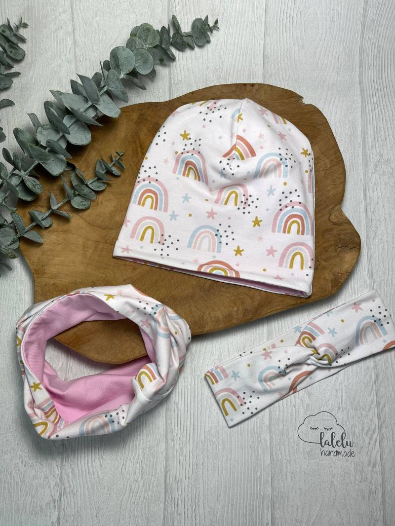 Beanie Kinder Loop 3Er Set Baby Mädchen Regenbogen Weiß Rosa Ku 42 - 44cm Sale von laleluHandmadeDE