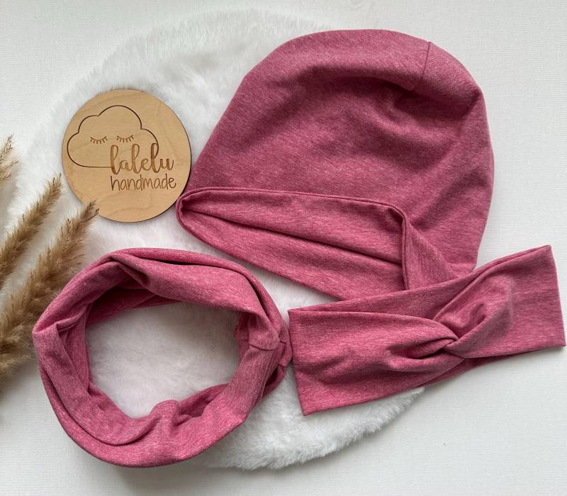 Beanie Kinder Loop Bandeau Set Baby Mädchen Mütze Uni Rosa Melange von laleluHandmadeDE