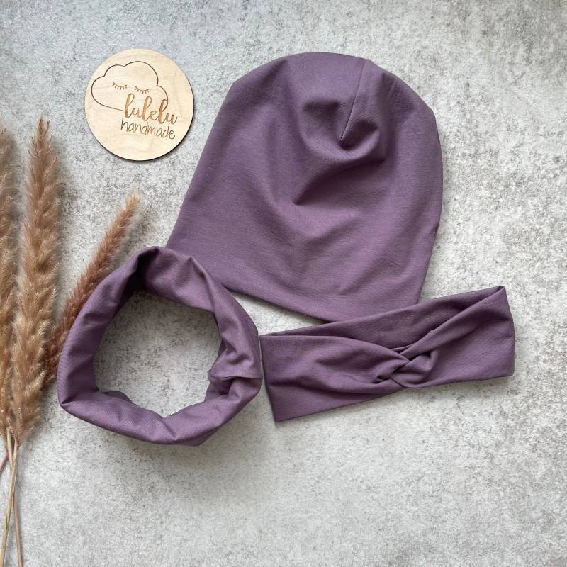 Beanie Kinder Loop Haarband Set Baby Mädchen Mütze Uni Lila Mauve von laleluHandmadeDE