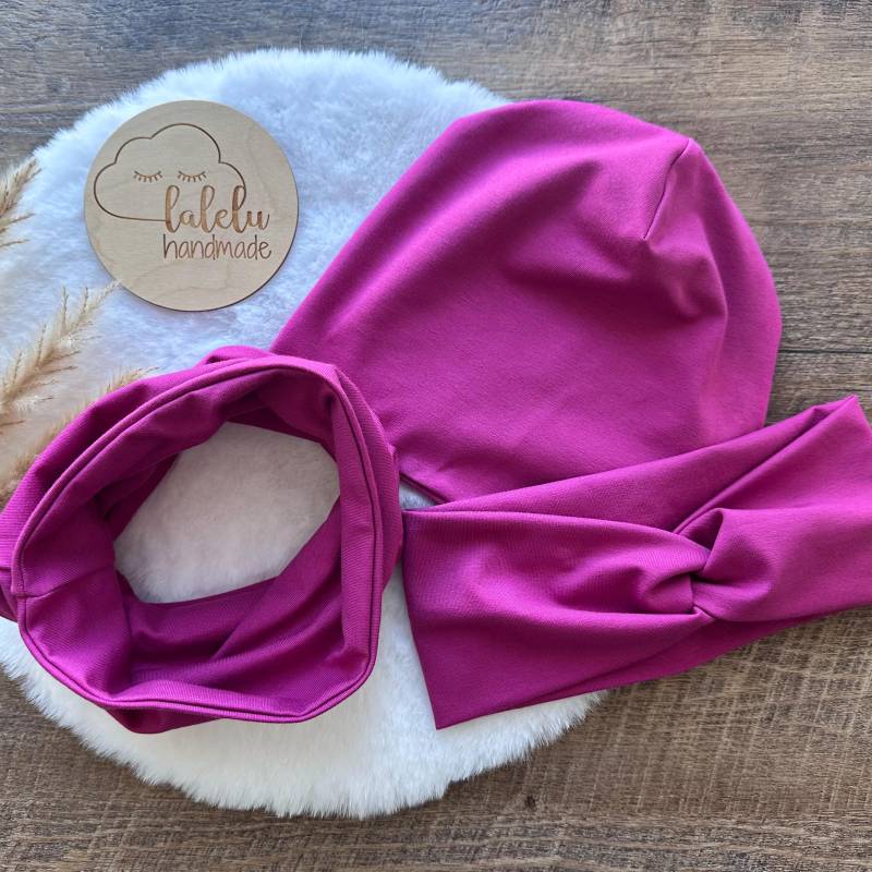 Beanie Kinder Loop Haarband Set Baby Mädchen Mütze Uni Pink/ Magenta von laleluHandmadeDE