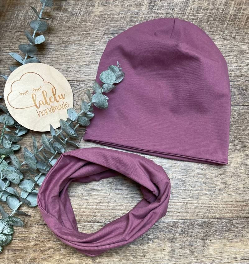 Beanie Kinder Loop Stirnband Set Mütze Mädchen Uni Brombeere von laleluHandmadeDE
