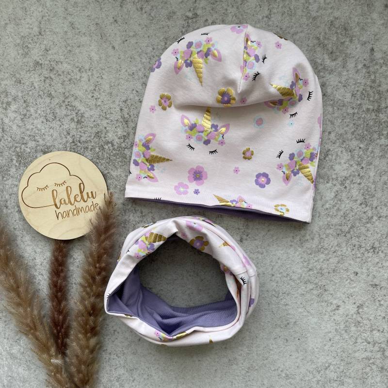 Einhorn/Einhörner Pferd Mütze Beanie Loop Set Kinder Baby Mädchen Rosa Gold Ku 42-44 cm von laleluHandmadeDE