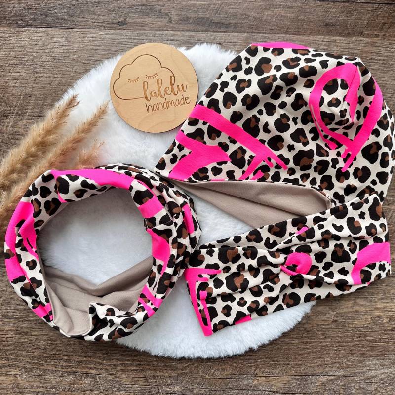 Mütze/Beanie Kinder Loop Set Bandeau Haarband Baby Mädchen Leo Leoparden Beige/Schwarz von laleluHandmadeDE