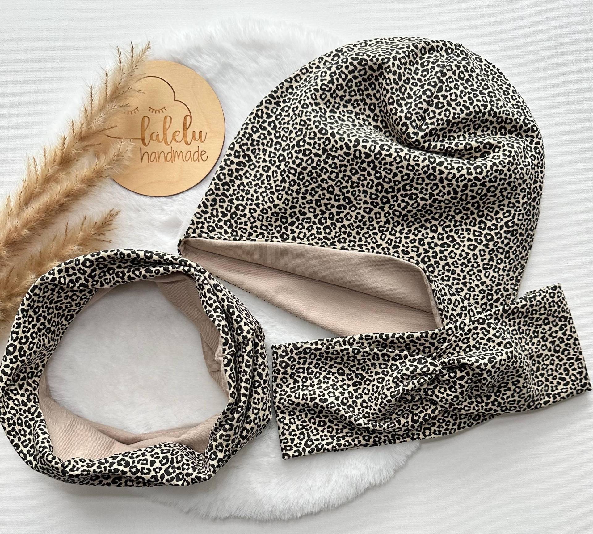Mütze/Beanie Kinder Loop Set Bandeau Haarband Baby Mädchen Leo Leoparden Beige/Schwarz von laleluHandmadeDE