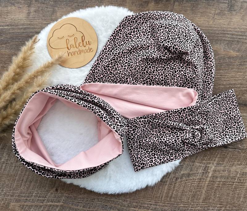 Mütze/Beanie Kinder Loop Set Bandeau Haarband Baby Mädchen Leo Leoparden Rosa Neu von laleluHandmadeDE