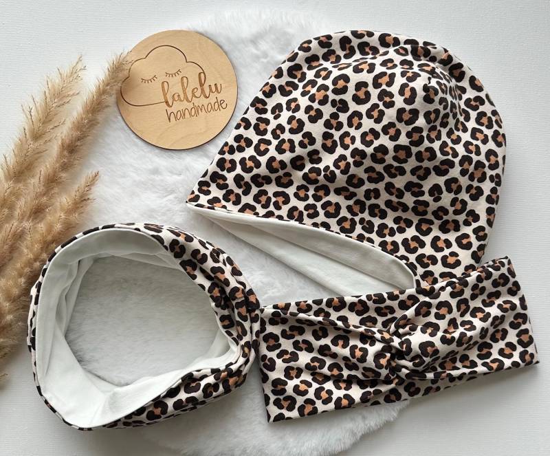 Mütze/Beanie Kinder Loop Set Bandeau Haarband Baby Mädchen Leo Leopardenmuster Beige/Schwarz von laleluHandmadeDE