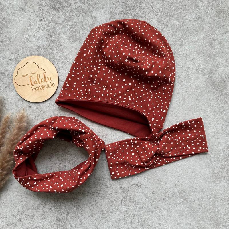 Mütze/Beanie Loop Bandeau 3Er Set Kinder Baby Mädchen Dots Terra Ku 50/52 Sale von laleluHandmadeDE