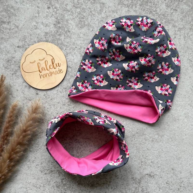 Mütze/Beanie Loop Set Igel Kinder Baby Mädchen Pink Sale von laleluHandmadeDE