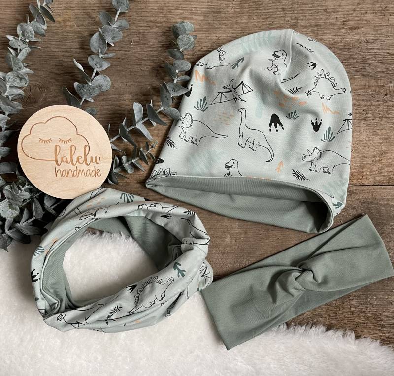 Mütze/Beanie Loop Set Kinder Baby Junge Dino /Dinosaurier Mint Sale Ku 42/44 cm von laleluHandmadeDE