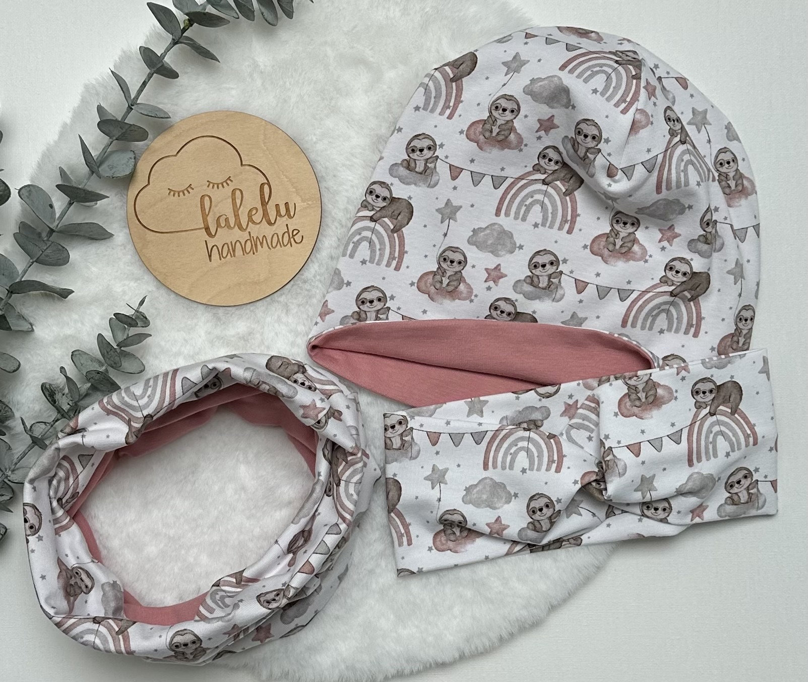 Mütze/Beanie Loop Set Stirnband Haarband Kinder Baby Mädchen Herbst Winter Regenbogen Stoff Rosa Weiß Neu Ku 47 - 49cm von laleluHandmadeDE