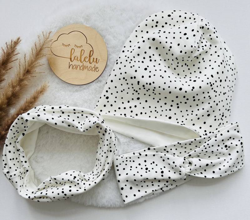 Mütze/Beanie Loop Set Stirnband Haarband Kinder Baby Mädchen Punkte/ Dots Creme Ku 47-49cm von laleluHandmadeDE