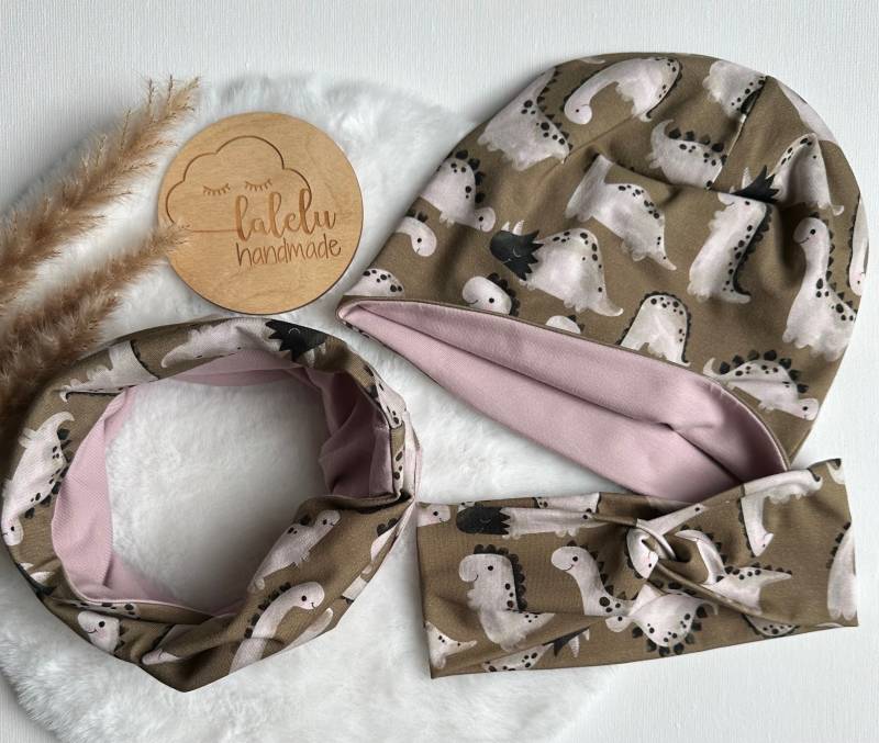 Mütze/Beanie Loop Set Stirnband Haarband Kinder Baby Mädchen Stoff Dino Dinosaurier Rosa Neu von laleluHandmadeDE