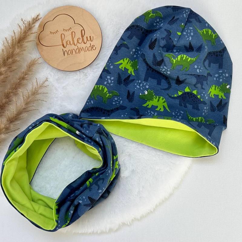 Mütze/Beanie Und Loop Set Kinder Junge Dino Blau Neon Ku 47-49cm Sale von laleluHandmadeDE
