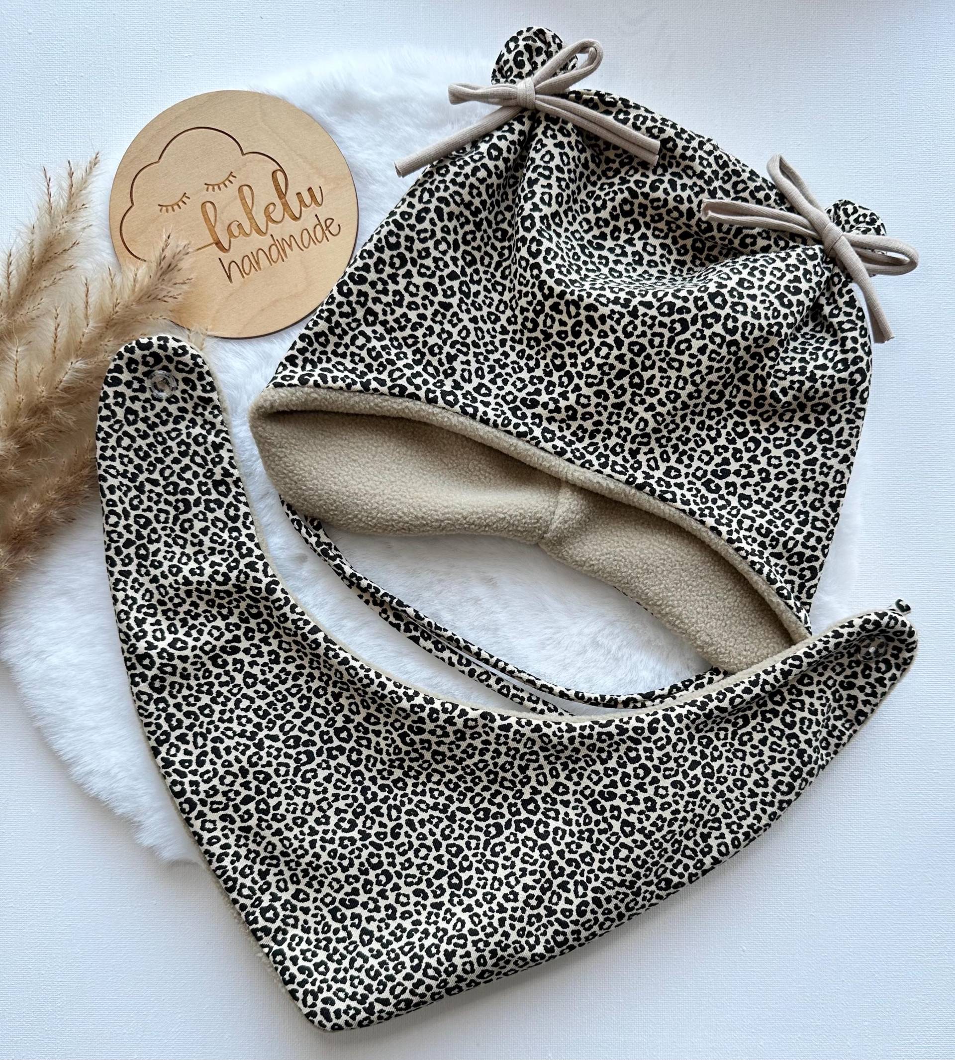 Ohrenmütze Öhrchenmütze Dreiecktuch Set Stirnband Haarband Kinder Baby Mädchen Leomuster/Leo Beige Neu von laleluHandmadeDE