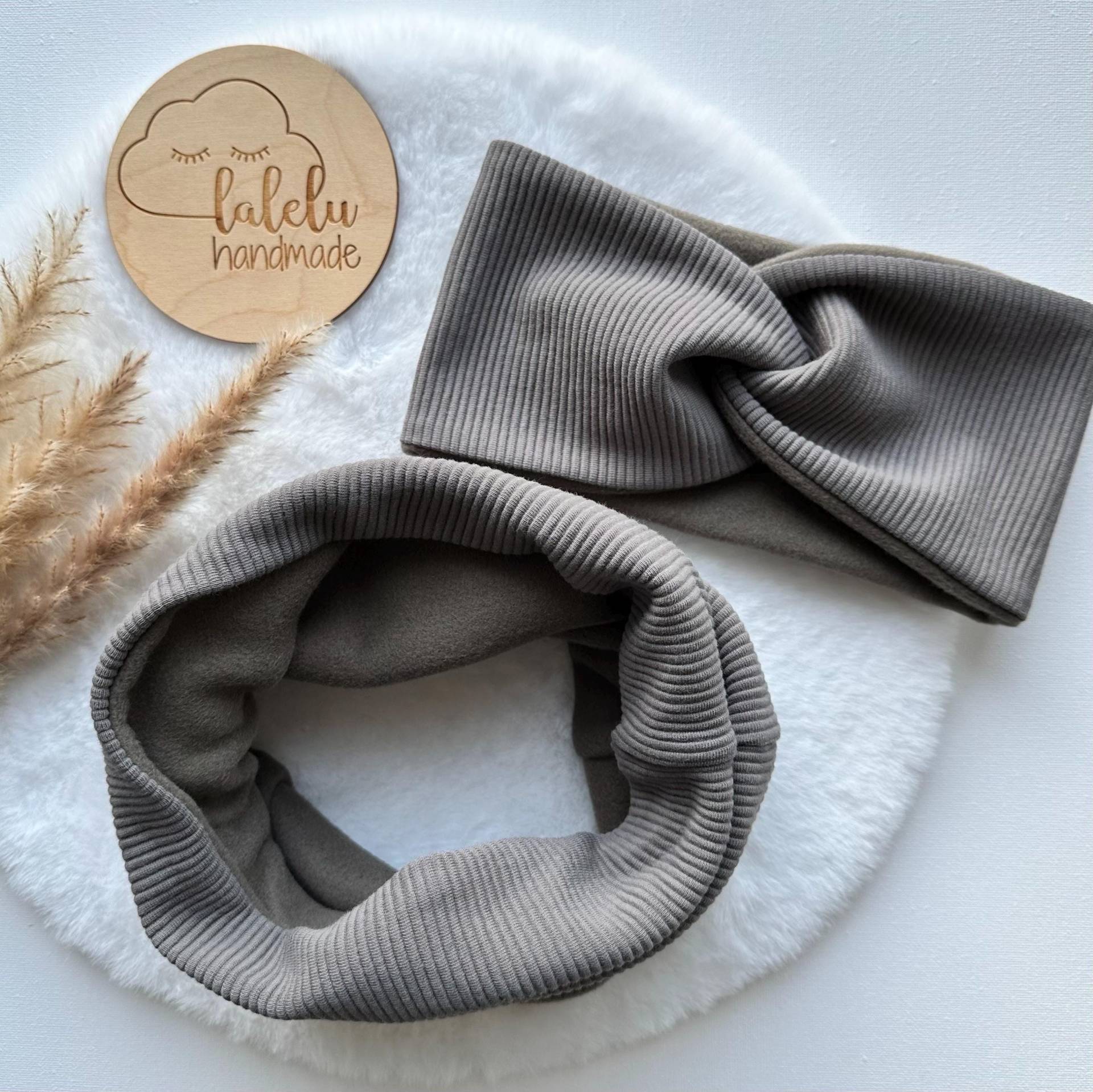 Winter Loop & Haarband Stirnband Bandeau Mädchen Ripp Taupe 7 Braun Ku 50 - 52 cm Sale von laleluHandmadeDE