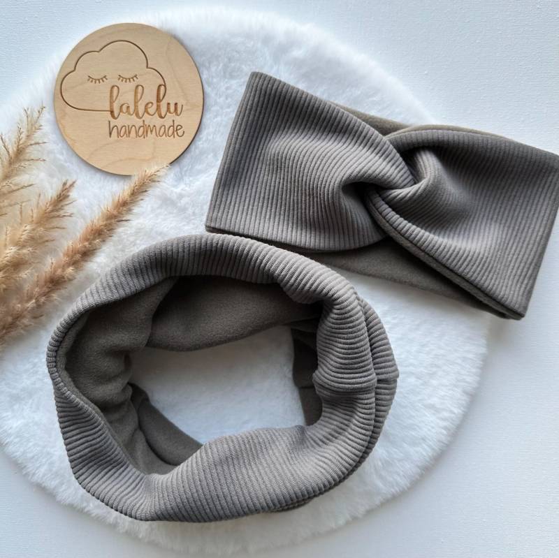 Winter Loop & Haarband Stirnband Bandeau Mädchen Ripp Taupe 7 Braun Ku 50 - 52 cm Sale von laleluHandmadeDE