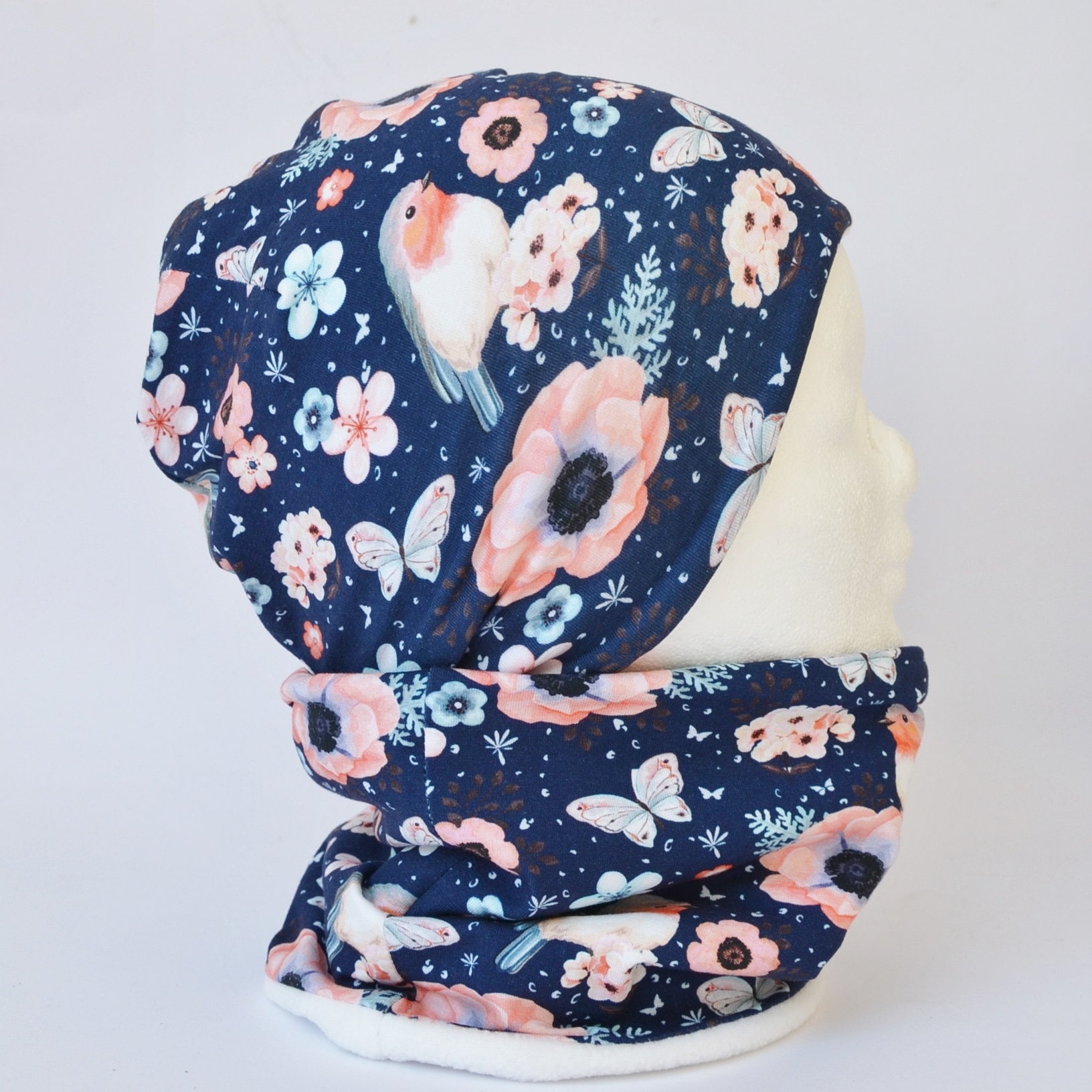 Fleece Loop Schal Und Mütze Set Vögel Blumen Blau Rosa Mädchen Für 4 -5 - 6 7 8 Jahre Warm Gefüttert Beanie Kombination von lamaika