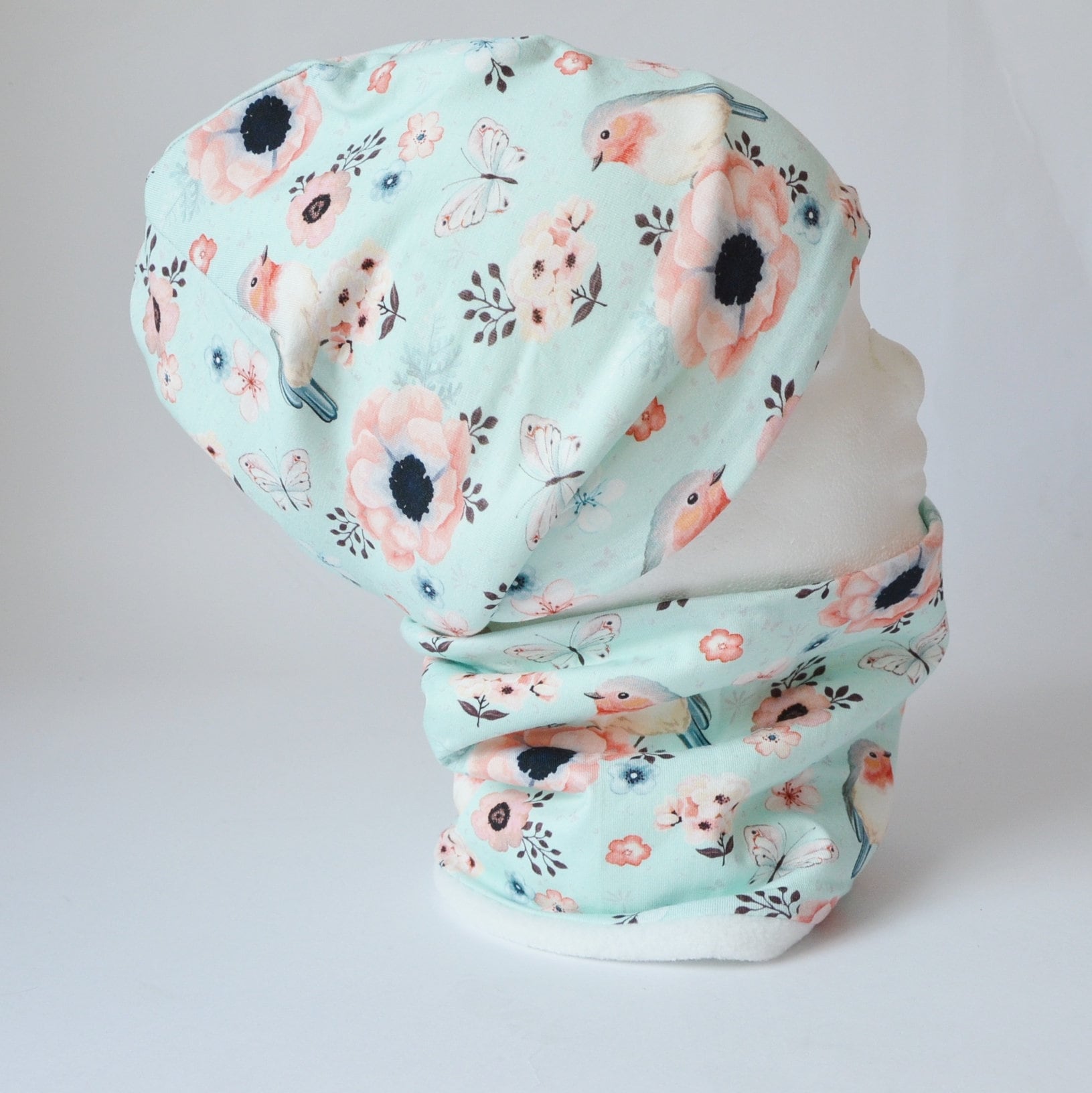 Fleece Loop Schal Und Mütze Set Vögel Blumen Mint Rosa Mädchen Für 4 -5 - 6 7 8 Jahre Kinder Warm Gefüttert Beanie Kombination von lamaika