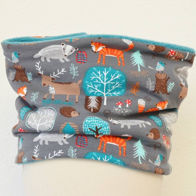 Fleece Loop Schal | Waldtiere Bäume Fuchs Petrol Grau Orange Unisex| Kind Junge Mädchen 3 4 5 6 7 8 Jahre Warm Gefüttert Halstuch von lamaika