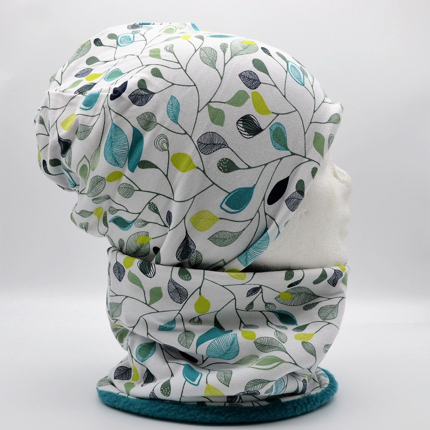 Fleece Loop Schal & Mütze Set | Blätter Petrol Grün Weiß Mädchen 4 -5 - 6 7 Jahre Kinder Damen Beanie Kombi von lamaika