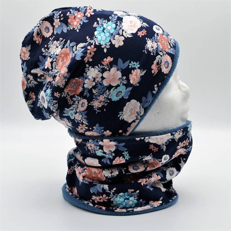 Fleece Loop Schal & Mütze Set | Blumen Dunkelblau Rosa Blassblau| Mädchen Für 4 -5 6 7 8 Jahre Kinder| Warm Gefüttert Beanie Kombination Fleece Loop Schal & Mütze Set | Blumen Dunkelblau Rosa Blassblau| Mädchen Für 4 -5 6 7 8 Jahre Kinder| Warm Gefüttert Beanie Kombination von lamaika