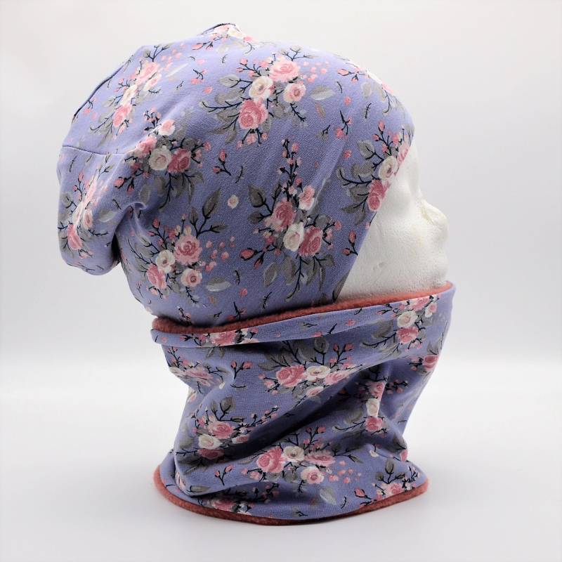 Fleece Loop Schal & Mütze Set | Blumen Lila Flieder Rosa Mädchen Für 4 -5 - 6 7 Jahre Kinder Warm Gefüttert Beanie Kombination von lamaika