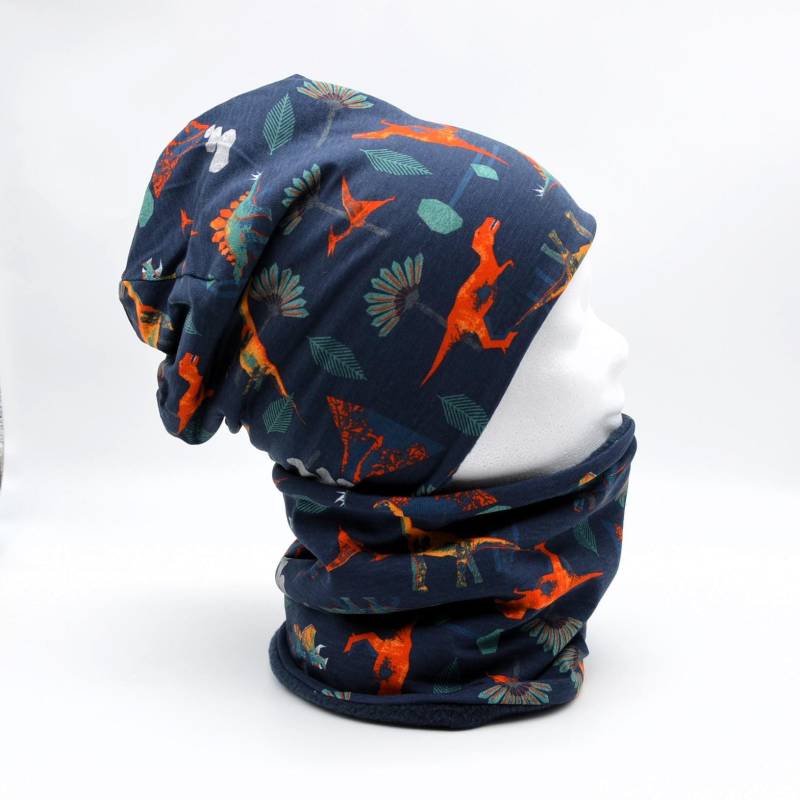 Fleece Loop Schal & Mütze Set |Bunte Dino Wald Thyrannosaurus Junge | 4 - 5 6 7 Jahre Kinder Warm Gefüttert Beanie Kombination| Geschenk von lamaika