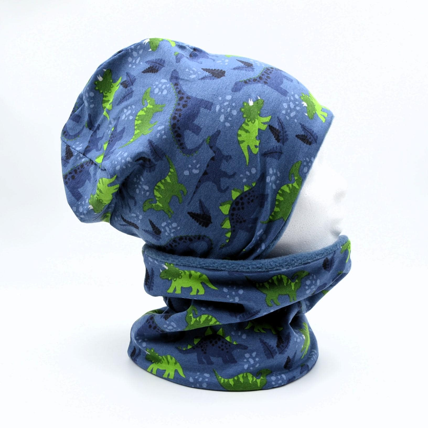 Fleece Loop Schal & Mütze Set | Dinos Thyrannosaurus Blau Grün Jungen Für 4 - 5 6 7 8 Jahre Kinder Warm Gefüttert Beanie Kombination von lamaika