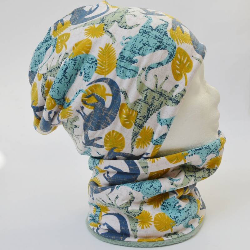 Fleece Loop Schal & Mütze Set | Dinos Türkis Wald Blau Jungen Für 4 - 5 6 7 8 Jahre Kinder Warm Gefüttert Beanie Kombination von lamaika