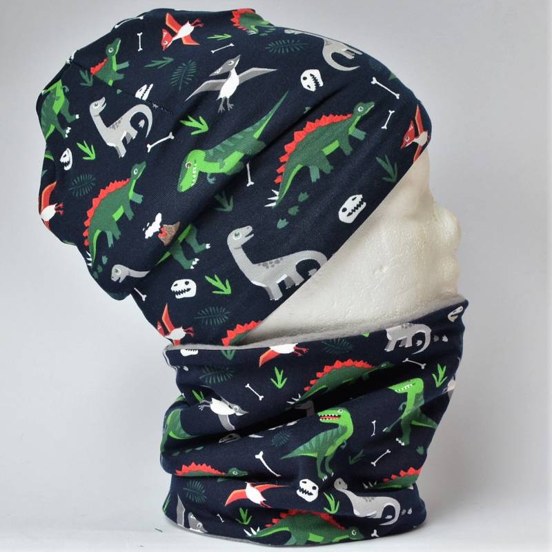 Fleece Loop Schal & Mütze Set | Dinosaurier Blau Grau Grün Jungen Für 3 - 4 5 Jahre Kinder Warm Gefüttert Beanie Kombination von lamaika