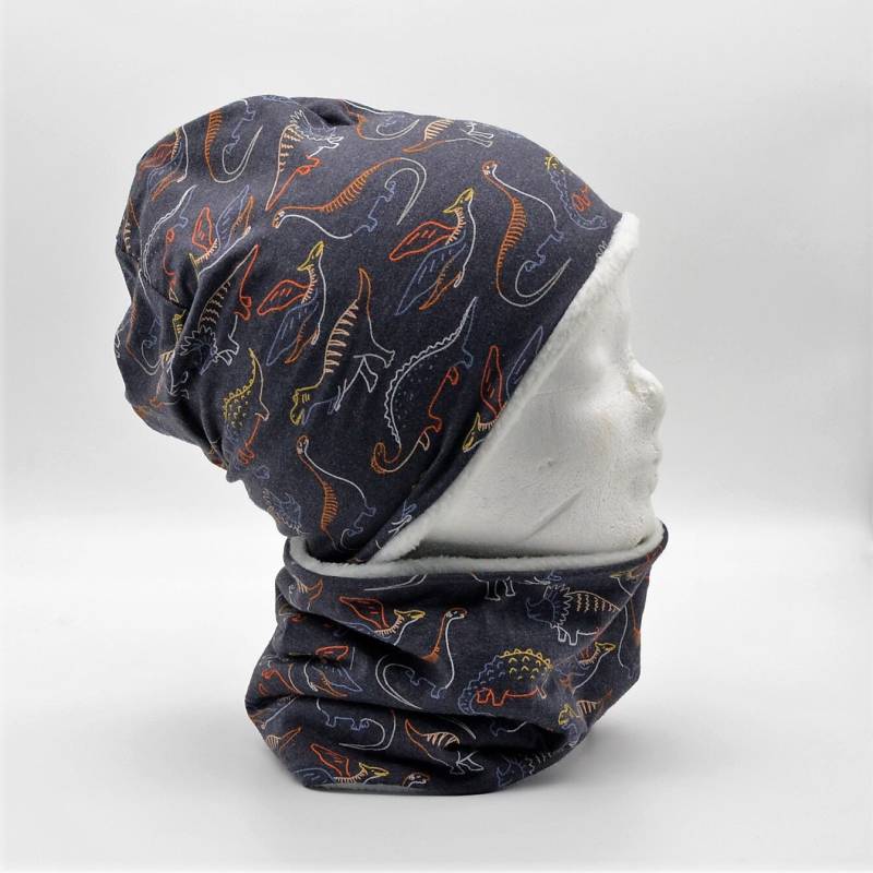 Fleece Loop Schal & Mütze Set | Dinosaurier Bunt Grau Meliert Jungen Für 4 - 5 6 Jahre Kinder Warm Gefüttert Beanie Kombination von lamaika