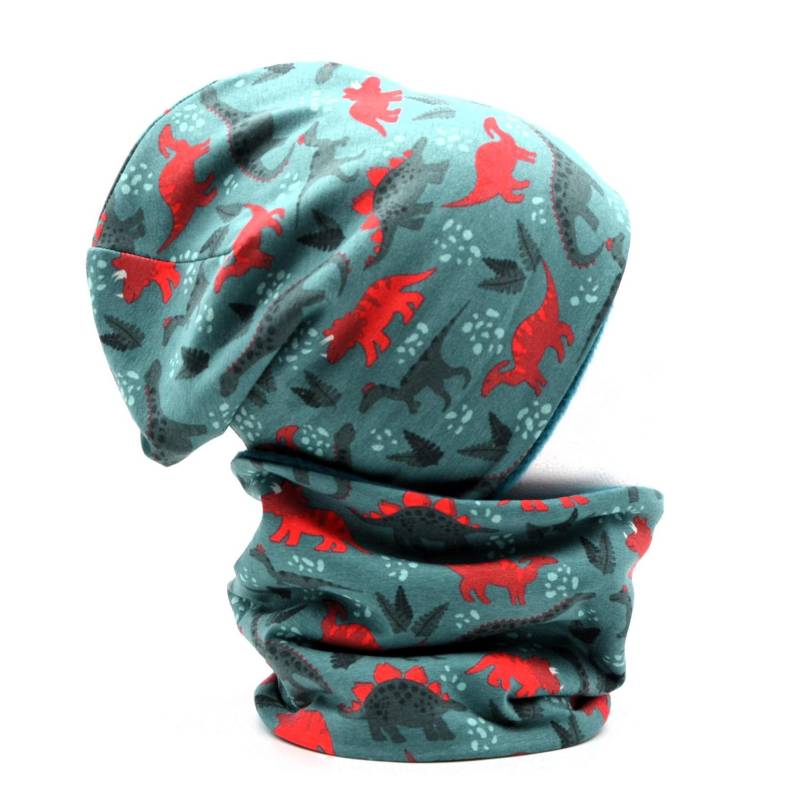 Fleece Loop Schal & Mütze Set | Dinosaurier Grün Türkis Rot Jungen Für 4 - 5 6 Jahre Kinder Warm Gefüttert Beanie von lamaika