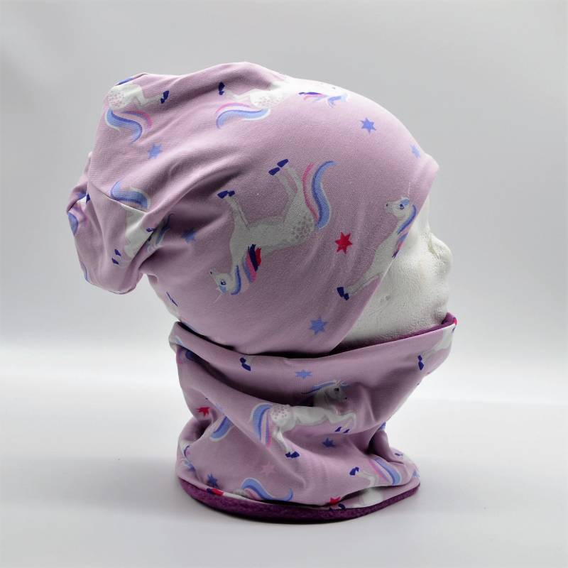 Fleece Loop Schal & Mütze Set | Einhorn Flügel Blau Lila Märchen Mädchen Für 4 - 5 6 7 8 Jahre Warm Gefüttert Beanie Kombination von lamaika