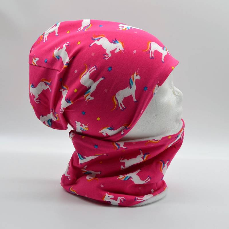 Fleece Loop Schal & Mütze | Set Einhorn Sterne Pink Rosa Weiß Mädchen Für 4-5 - 6-7 8 Jahre Kinder Warm Gefüttert Beanie Kombination von lamaika
