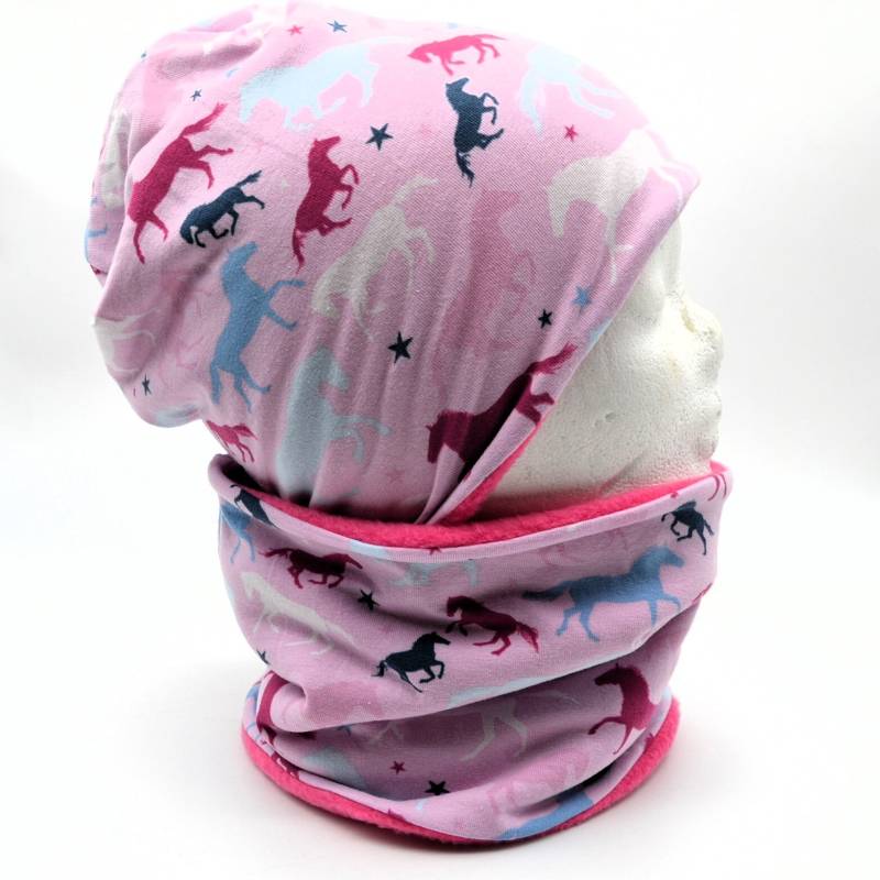 Fleece Loop Schal & Mütze | Set Einhorn Sterne Rosa Lila Mädchen Für 4 - 5 6 7 8 Jahre Kinder Warm Gefüttert Beanie Kombination von lamaika
