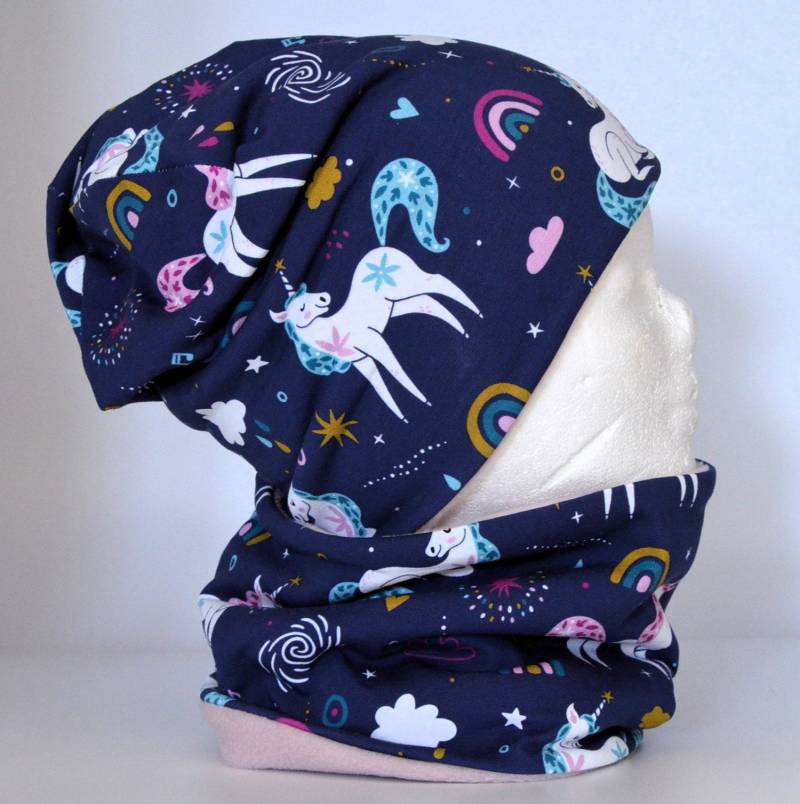 Fleece Loop Schal & Mütze | Set Einhorn Violett Rosa Türkis Mädchen Für 4 - 5 6 7 8 Jahre Kinder Warm Gefüttert Beanie Kombination von lamaika