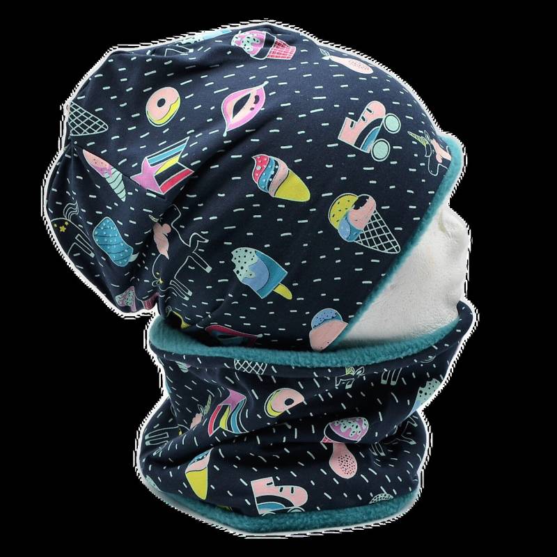 Fleece Loop Schal & Mütze Set | Eistüten Sternschnuppen Dunkelblau Petrol Mädchen Für 4 -5 6 7 8 Jahre Kinder| Warm Gefüttert Beanie Kombi von lamaika