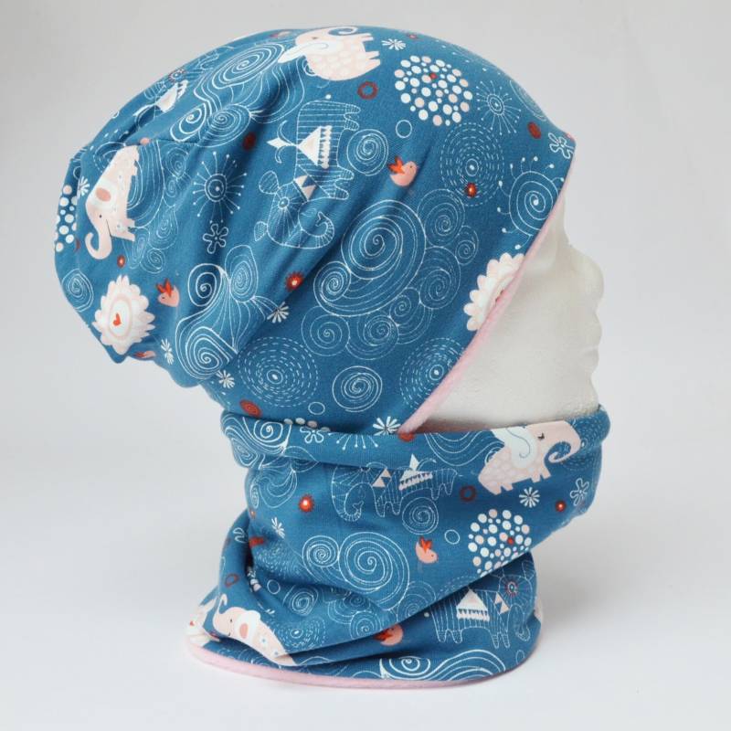 Fleece Loop Schal & Mütze Set | Elefanten Blau Rosa Mädchen Für 3 - 4 5 6 Jahre Kinder Warm Gefüttert Beanie Kombination von lamaika