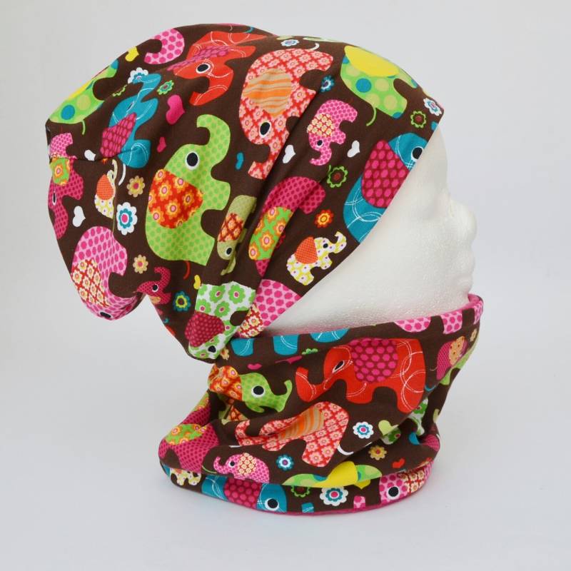 Fleece Loop Schal & Mütze Set | Elefanten Pink Bunt Türkis Mädchen Für 2 - 3 4 5 6 Jahre Damen Warm Gefüttert Beanie Kombination von lamaika