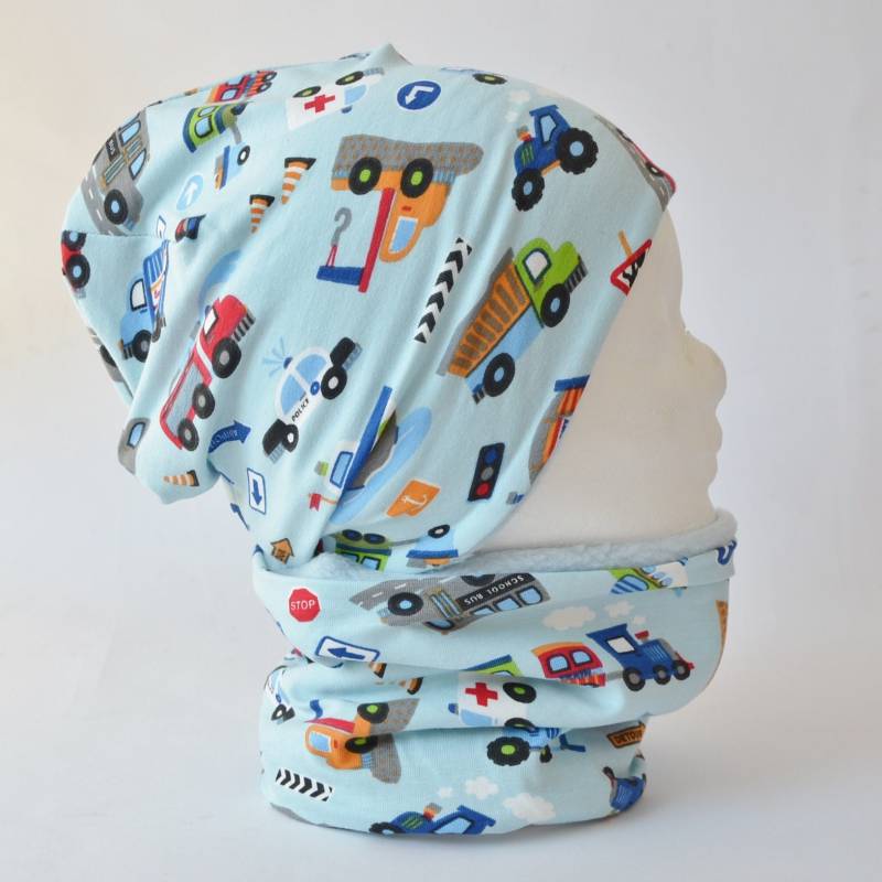 Fleece Loop Schal & Mütze Set | Fahrzeuge Feuerwehr Hellblau Grün Jungen 2 - 3 4 5 Jahre Kinder Warm Gefüttert Beanie Kombination von lamaika