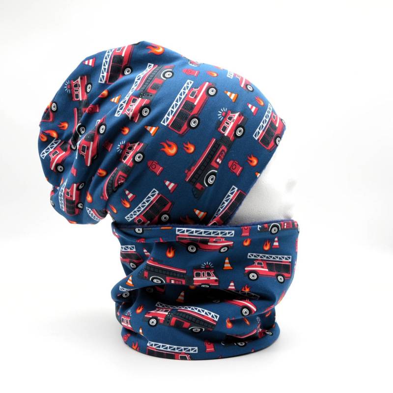 Fleece Loop Schal & Mütze Set | Feuerwehr Fahrzeuge Autos Blau Rot Jungen Für 4 - 5 6 7 Jahre Kinder Warm Gefüttert Beanie Kombination von lamaika