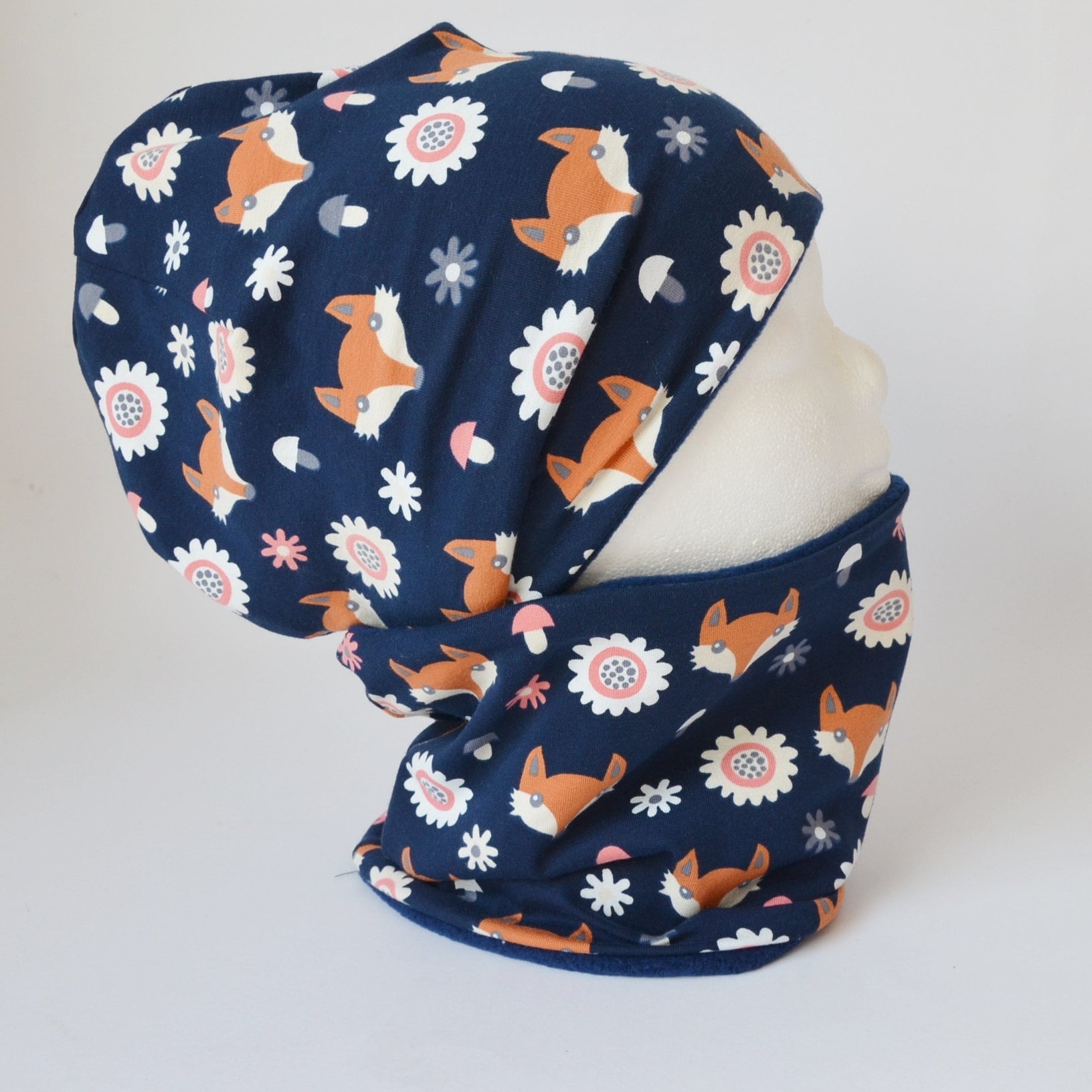 Fleece Loop Schal & Mütze Set Füchse Blau Jungen Unisex Mädchen Für 4 -5 - 6 7 8 Jahre Kinder Warm Gefüttert Beanie Kombination von lamaika