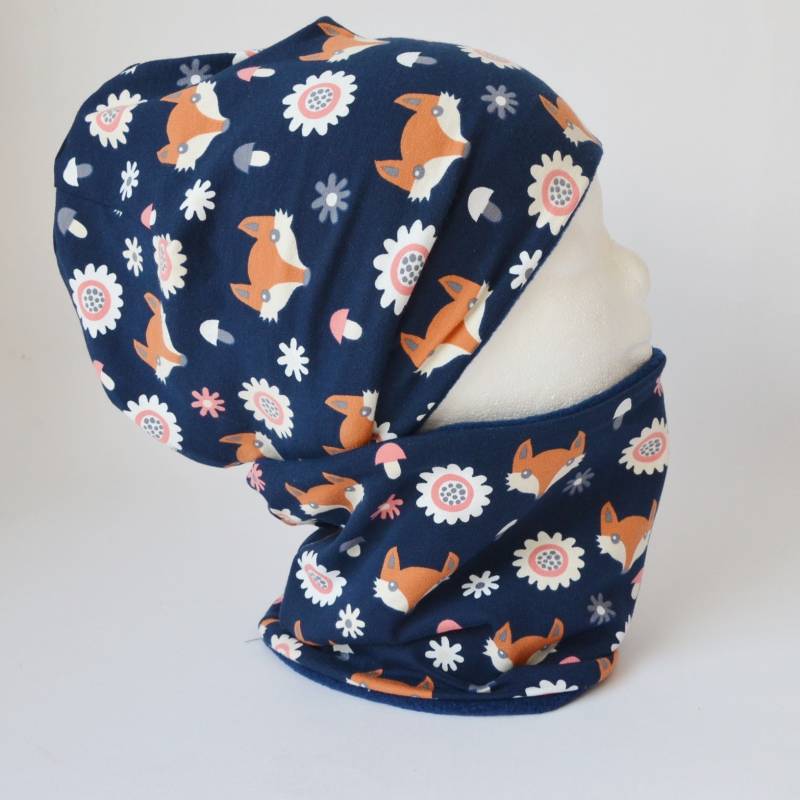 Fleece Loop Schal & Mütze Set Füchse Blau Jungen Unisex Mädchen Für 4 -5 - 6 7 8 Jahre Kinder Warm Gefüttert Beanie Kombination von lamaika