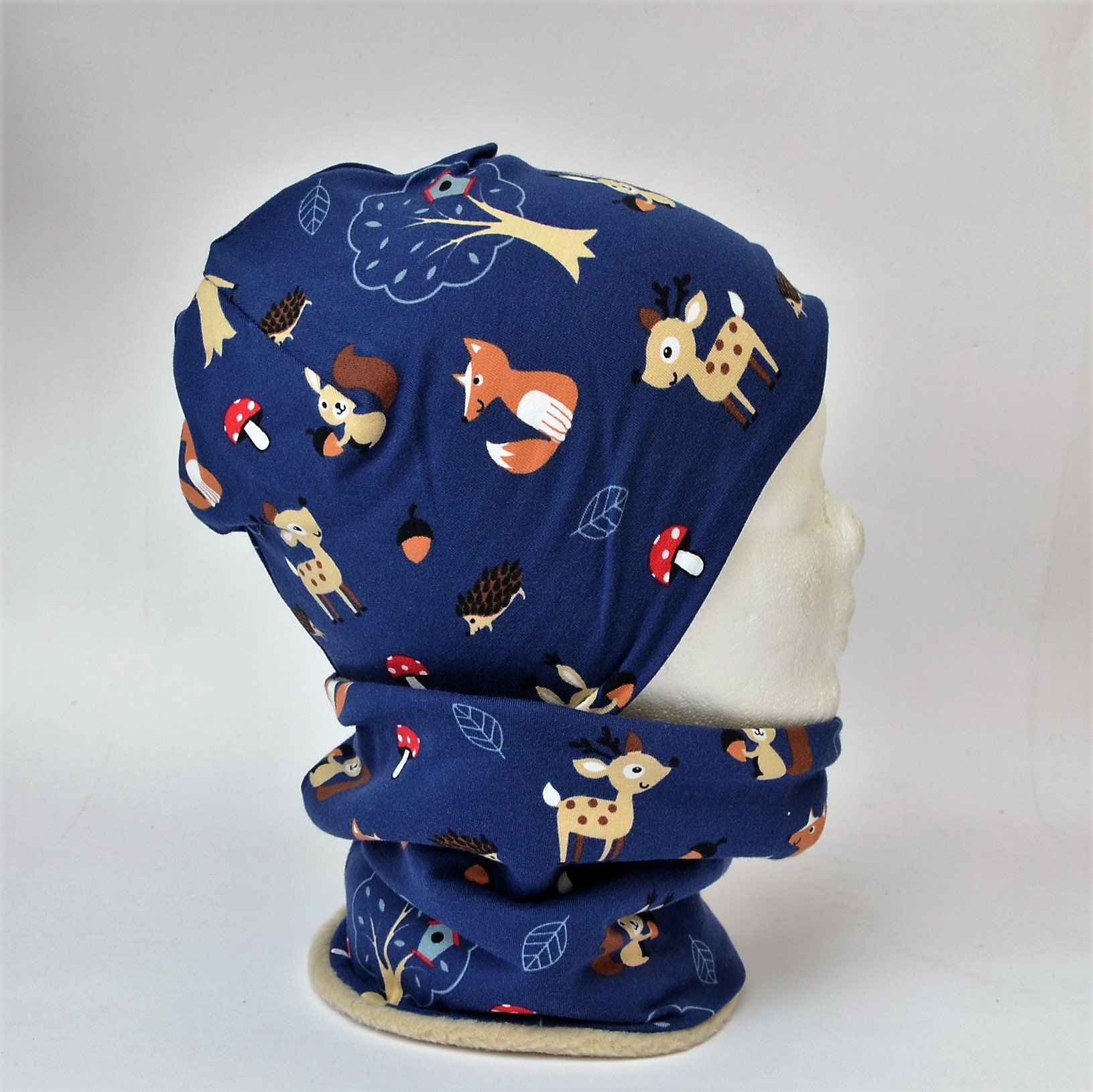 Fleece Loop Schal & Mütze Set | Füchse Wald Rehe Blau Beige Mädchen Jungen Für 2 - 3 4 Jahre Warm Gefüttert Beanie Kombination von lamaika