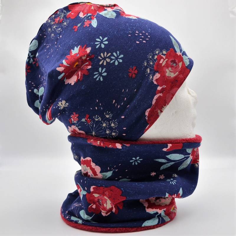Fleece Loop Schal & Mütze Set | Große Blumen Dunkelblau Bordeauxrot Mädchen Für 4 -5 6 7 Jahre Kinder| Warm Gefüttert Beanie Kombination von lamaika