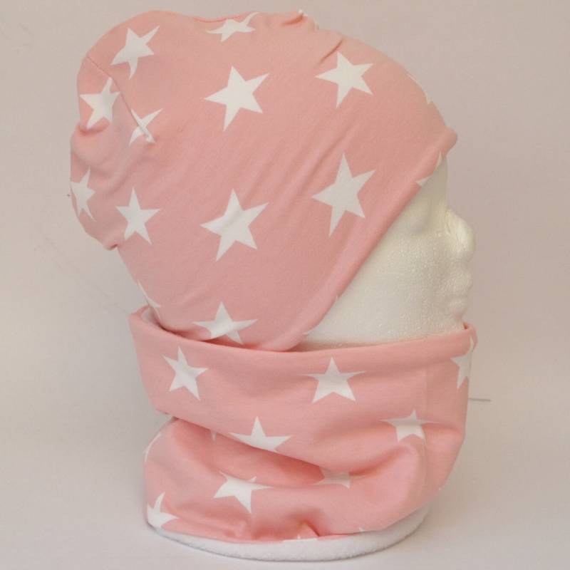 Fleece Loop Schal & Mütze Set | Große Sterne Weiß Hellrosa Mädchen Für 2 - 3 4 5- 6 Jahre Kinder Warm Gefüttert Beanie Kombination von lamaika